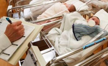 Op deze foto liggen drie pasgeborenen op een rij van wieg in de kinderdagverblijf van een postpartum herstelcentrum in het noorden van New York in 2017. Baby's zijn gewikkeld in witte covers en een fles zuigt.